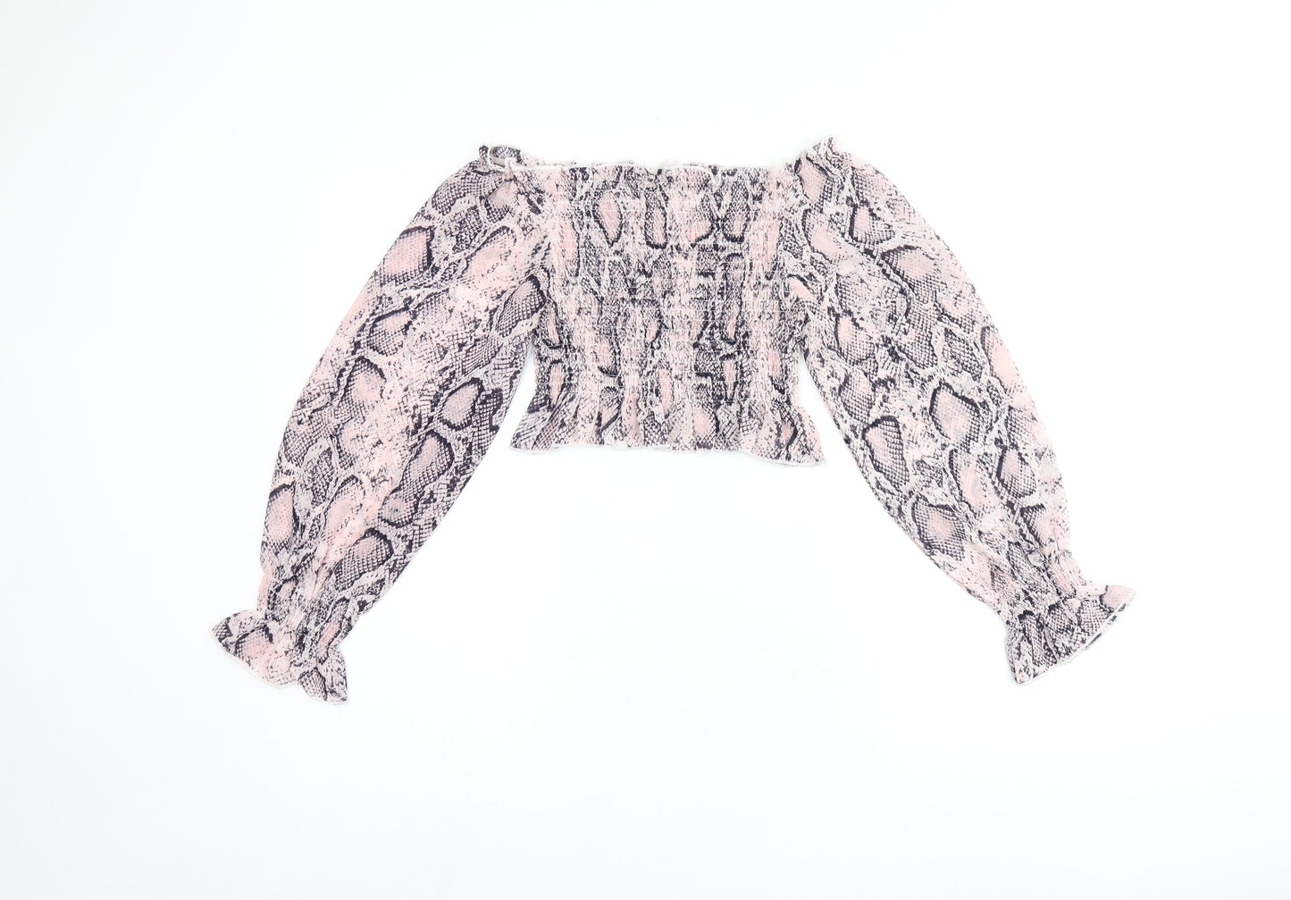 Jeuvre Womens Pink Animal Print Polyester Cropped Blouse Size 10 Off the Shoulder - Snake Print, Shirred