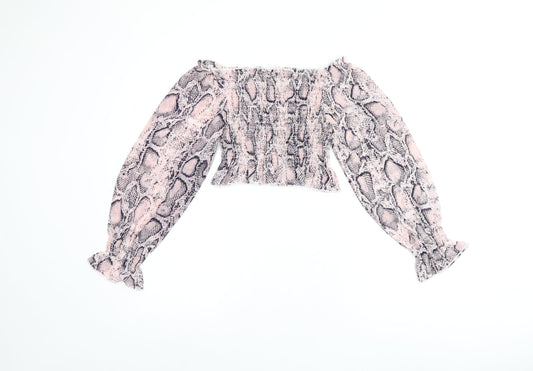 Jeuvre Womens Pink Animal Print Polyester Cropped Blouse Size 10 Off the Shoulder - Snake Print, Shirred
