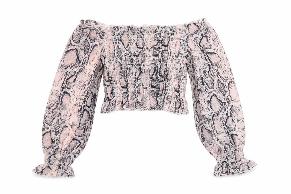 Jeuvre Womens Pink Animal Print Polyester Cropped Blouse Size 10 Off the Shoulder - Snake Print, Shirred