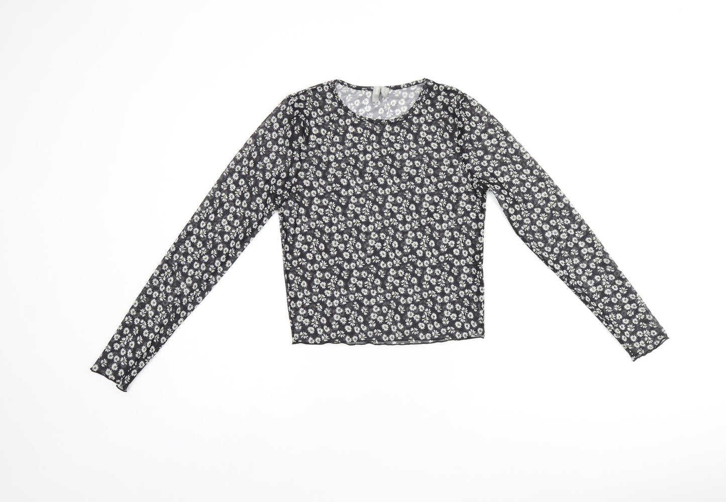 ASOS Womens Black Floral Polyester Basic T-Shirt Size 10 Round Neck - Daisy Print Sheer