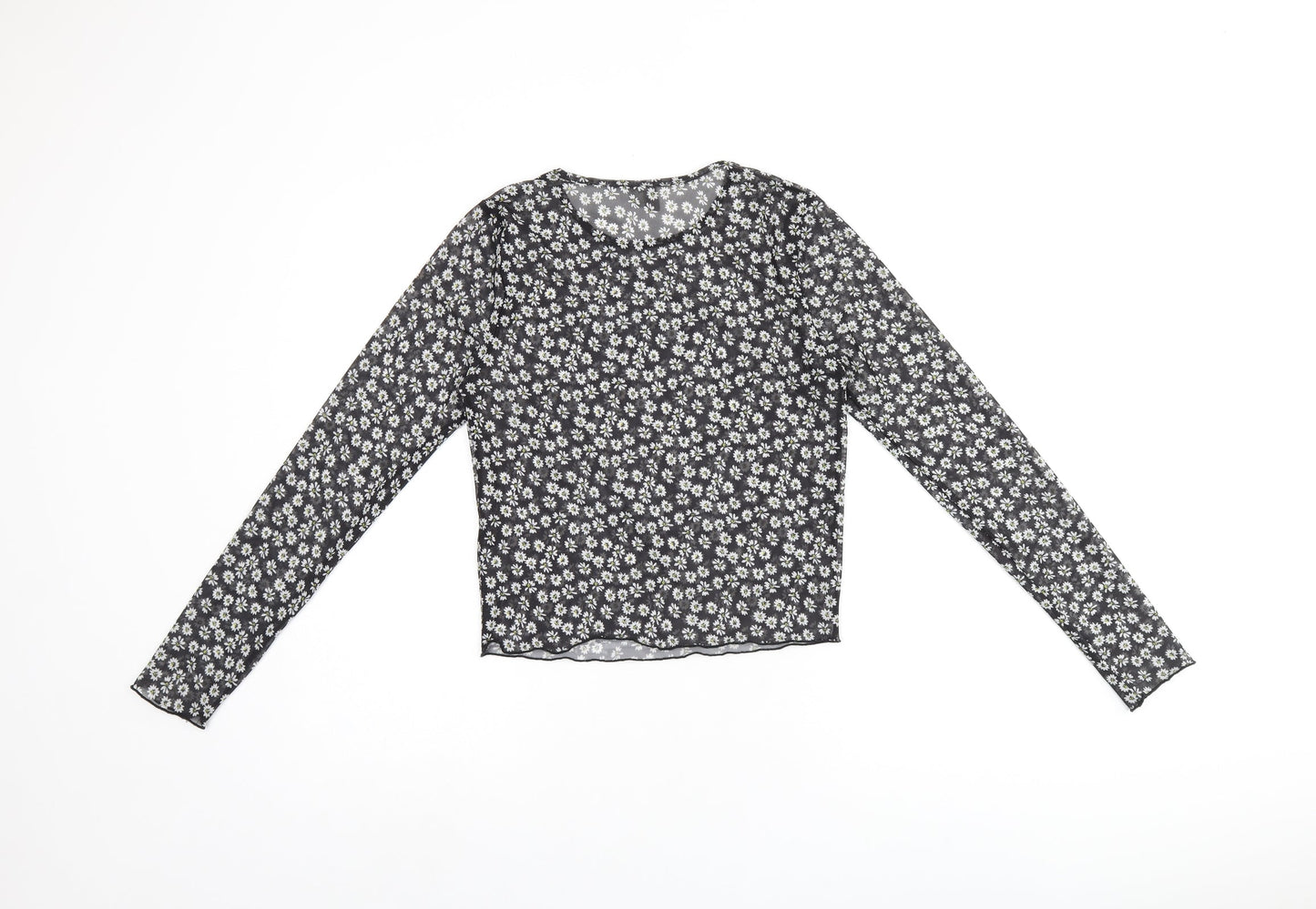 ASOS Womens Black Floral Polyester Basic T-Shirt Size 10 Round Neck - Daisy Print Sheer
