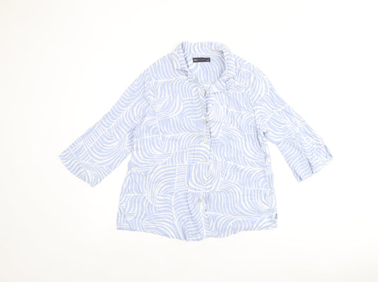 Marks and Spencer Womens Blue Geometric Viscose Basic Button-Up Size 10 Collared