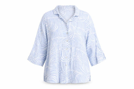 Marks and Spencer Womens Blue Geometric Viscose Basic Button-Up Size 10 Collared