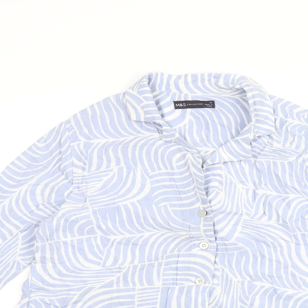 Marks and Spencer Womens Blue Geometric Viscose Basic Button-Up Size 10 Collared