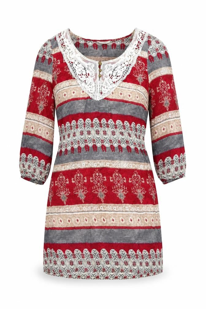 Indigo Womens Multicoloured Geometric Viscose Shift Size 12 Scoop Neck Pullover - Lace Details