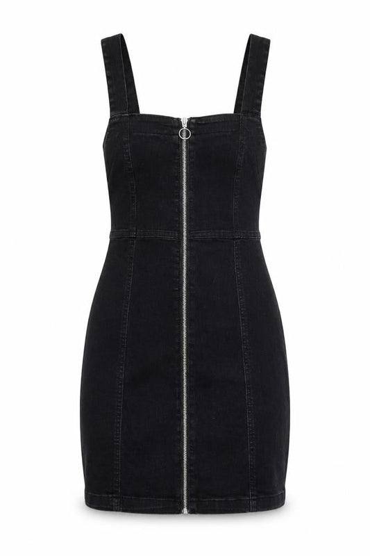 Denim & Co. Womens Black Cotton Pinafore/Dungaree Dress Size 6 Square Neck Zip - Pinafore