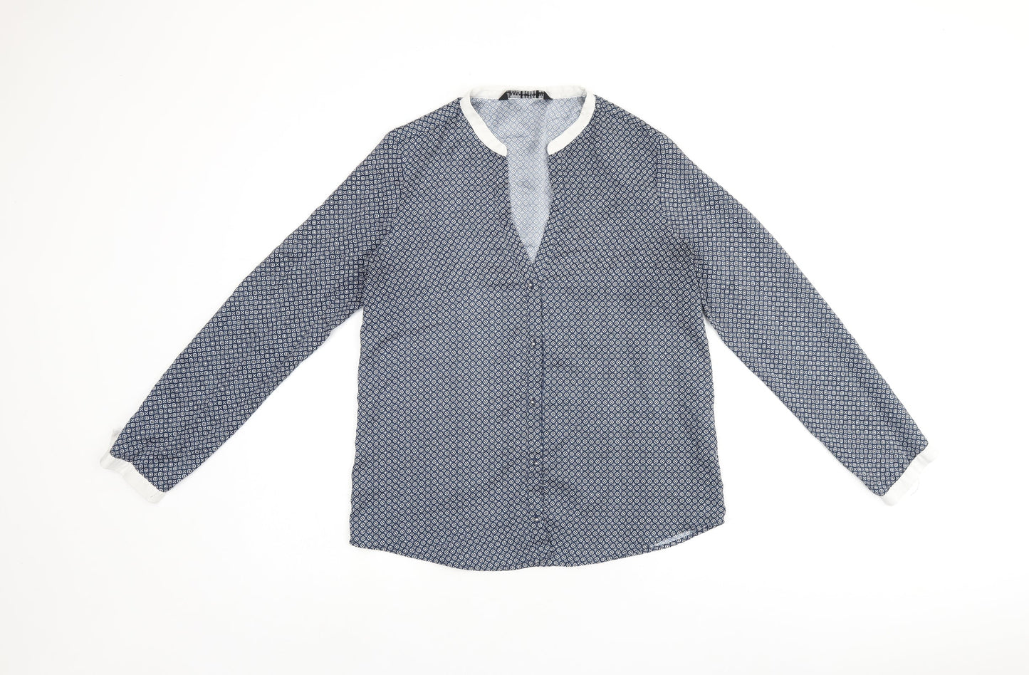 Zara Womens Blue Geometric Polyester Basic Button-Up Size M V-Neck