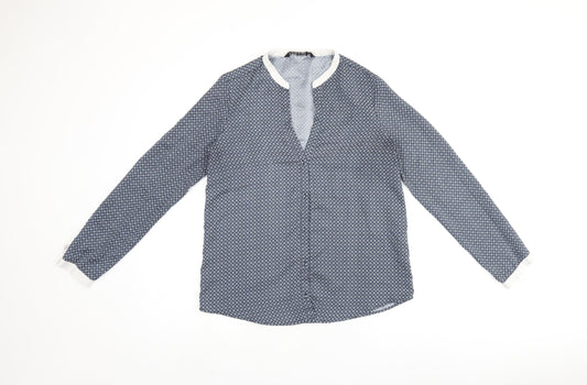 Zara Womens Blue Geometric Polyester Basic Button-Up Size M V-Neck