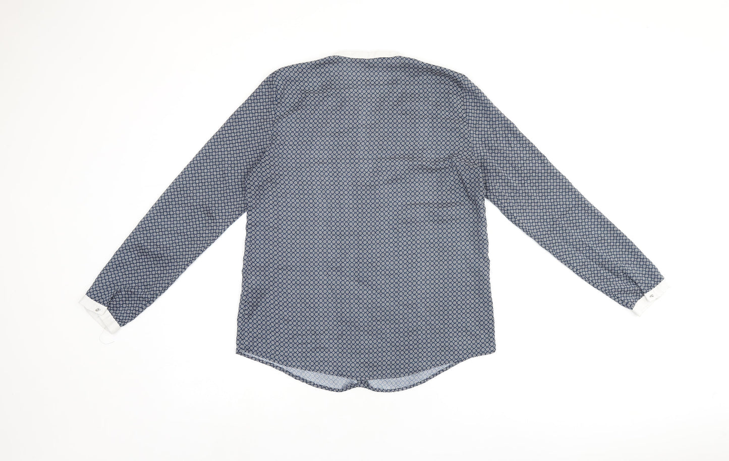 Zara Womens Blue Geometric Polyester Basic Button-Up Size M V-Neck