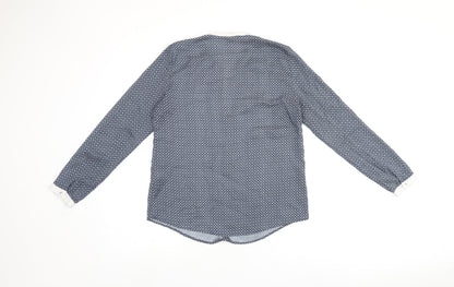 Zara Womens Blue Geometric Polyester Basic Button-Up Size M V-Neck