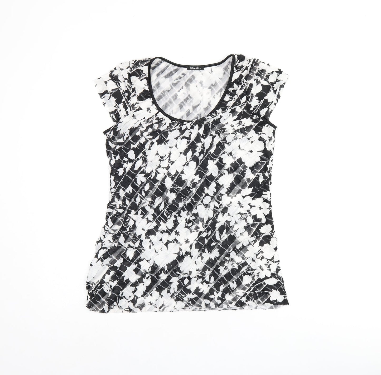 Roman Womens Black Floral Polyester Basic T-Shirt Size 12 Scoop Neck