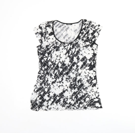 Roman Womens Black Floral Polyester Basic T-Shirt Size 12 Scoop Neck