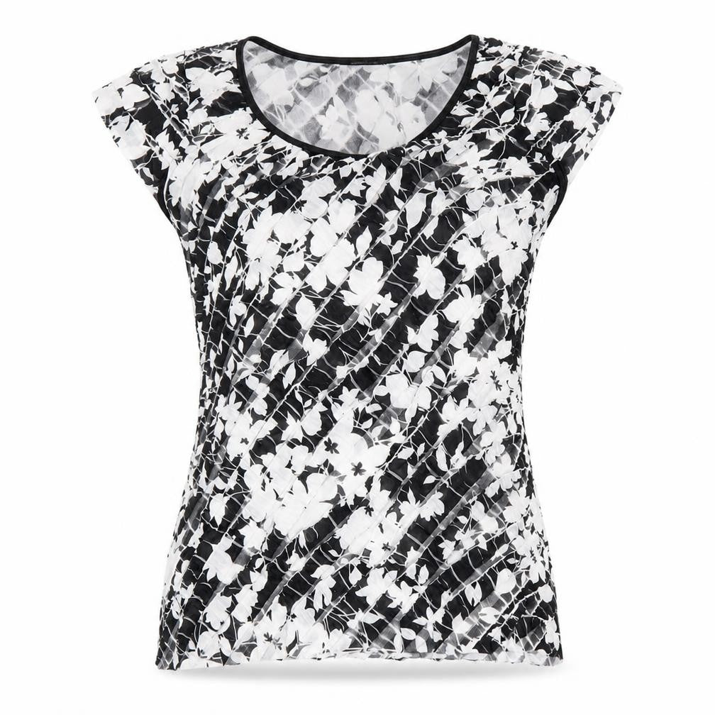 Roman Womens Black Floral Polyester Basic T-Shirt Size 12 Scoop Neck