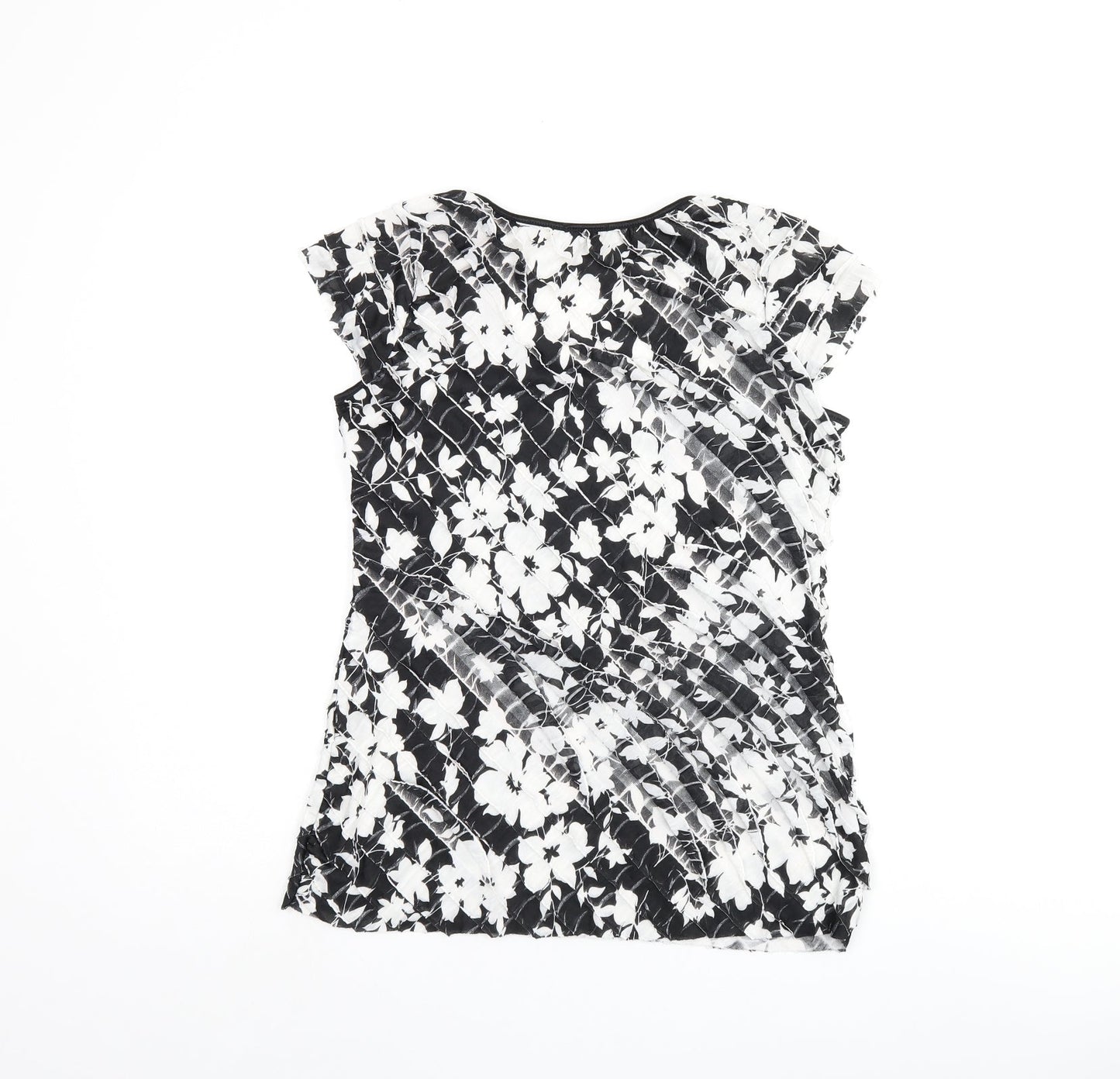 Roman Womens Black Floral Polyester Basic T-Shirt Size 12 Scoop Neck