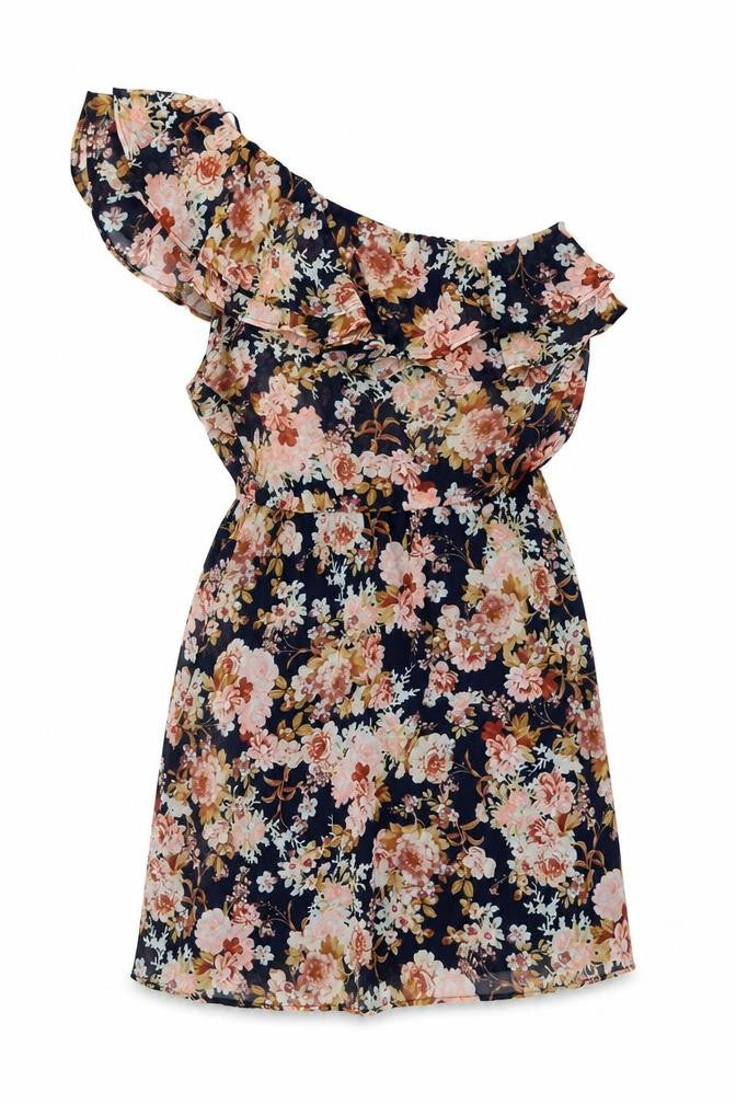 Stradivarius Womens Black Floral Polyester A-Line Size 10 One Shoulder Pullover - Ruffles