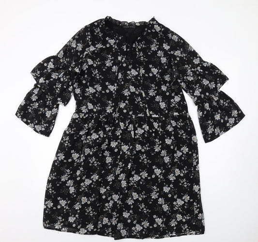 Carry Casual Womens Black Floral Polyester A-Line Size L V-Neck Pullover