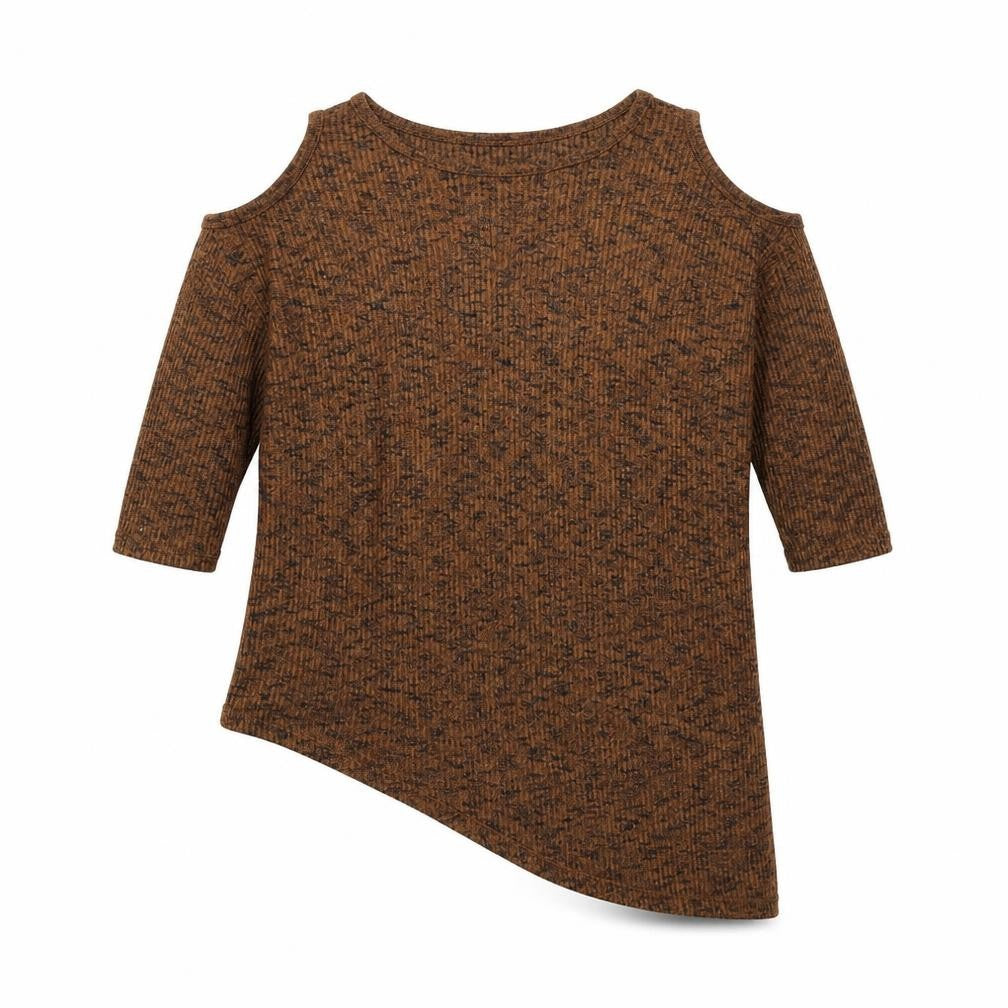 New Look Womens Brown Polyester Basic T-Shirt Size 10 Round Neck - Cold Shoulder Asymmetric Hem