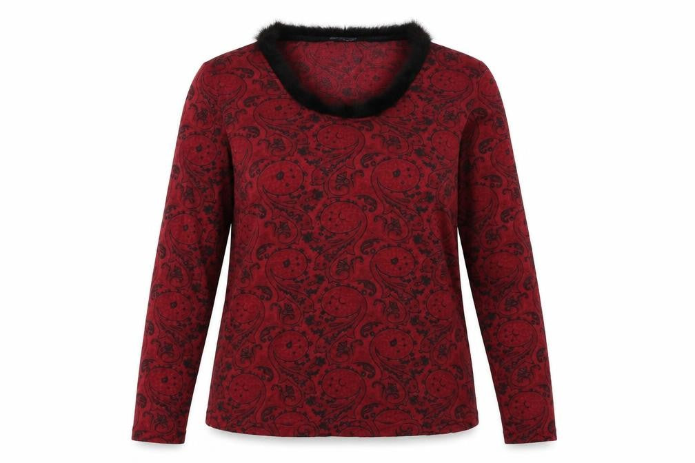 MORE & MORE Womens Red Geometric Polyamide Basic T-Shirt Size 14 Scoop Neck - Fur Collar