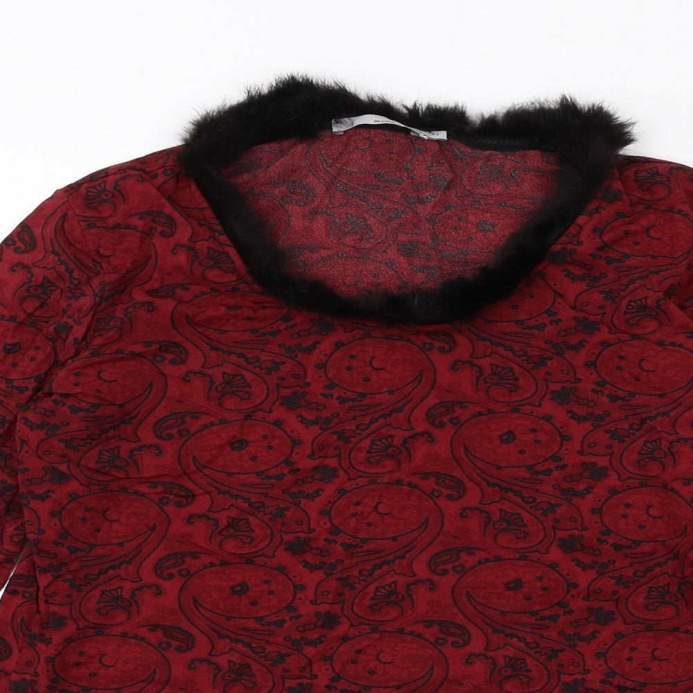 MORE & MORE Womens Red Geometric Polyamide Basic T-Shirt Size 14 Scoop Neck - Fur Collar