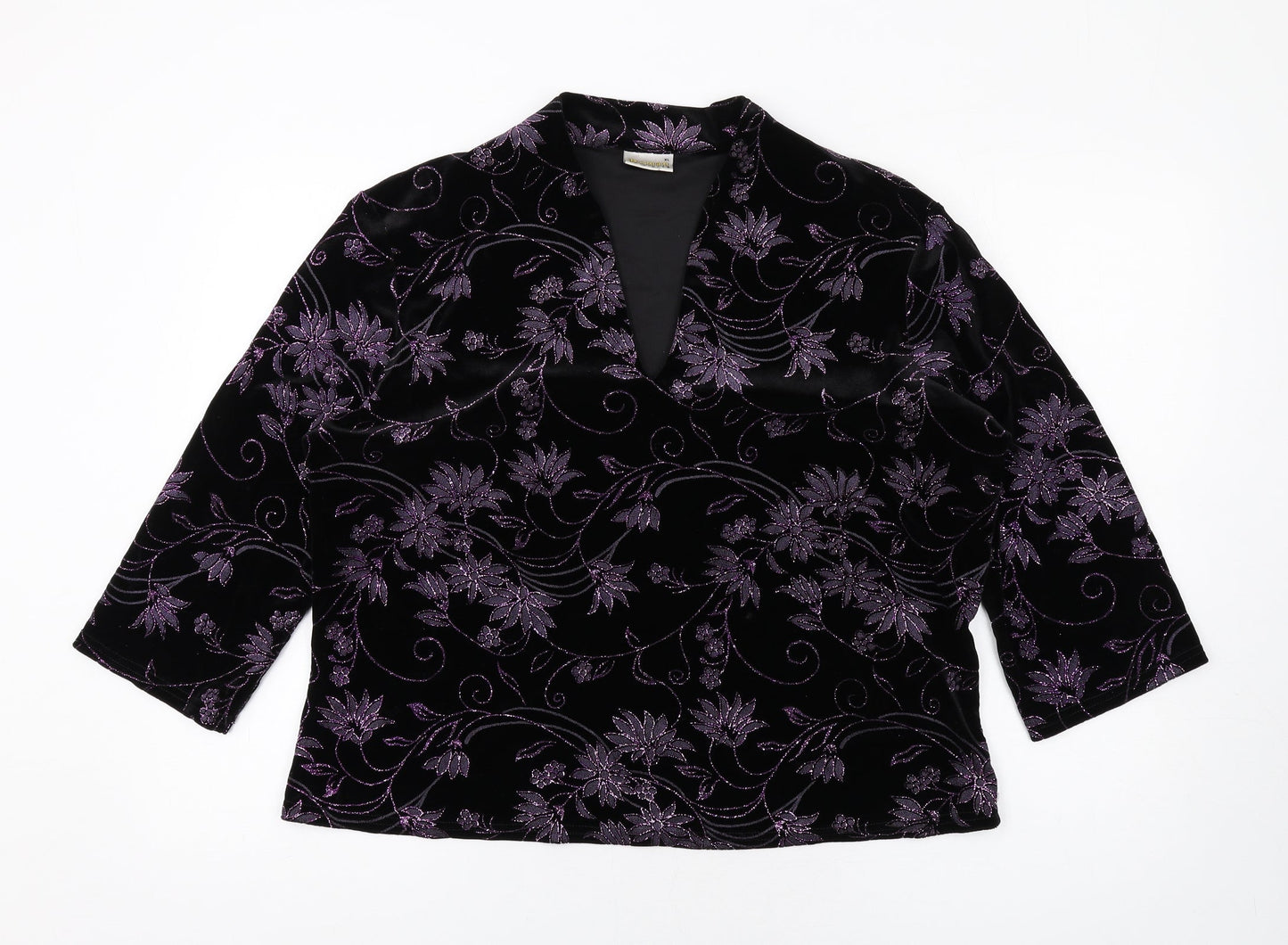 Roman Womens Black Floral Polyester Basic T-Shirt Size XL V-Neck