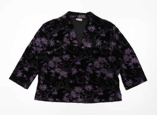 Roman Womens Black Floral Polyester Basic T-Shirt Size XL V-Neck