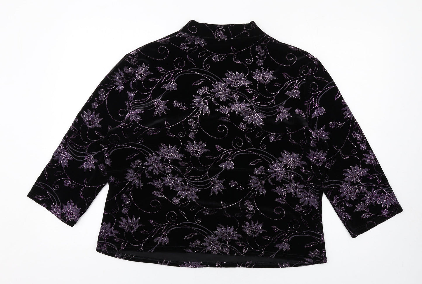 Roman Womens Black Floral Polyester Basic T-Shirt Size XL V-Neck