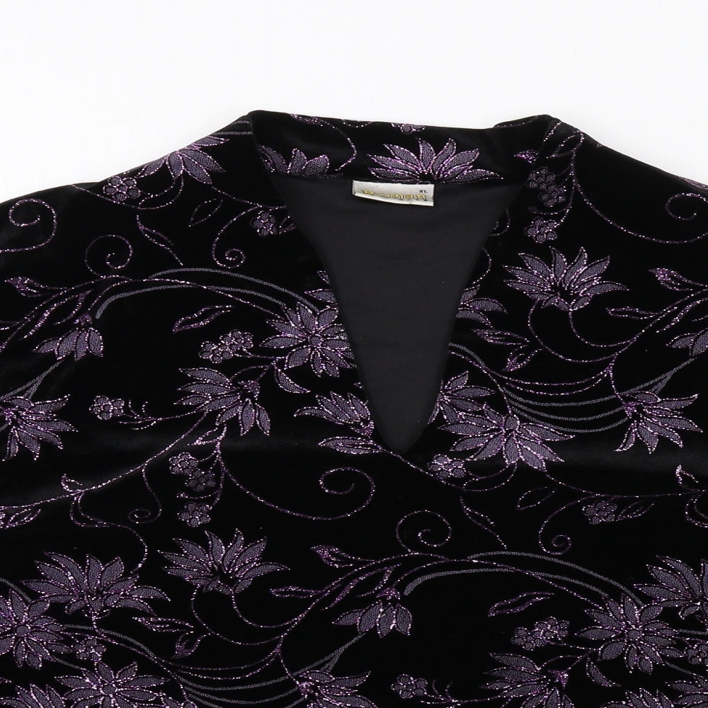 Roman Womens Black Floral Polyester Basic T-Shirt Size XL V-Neck