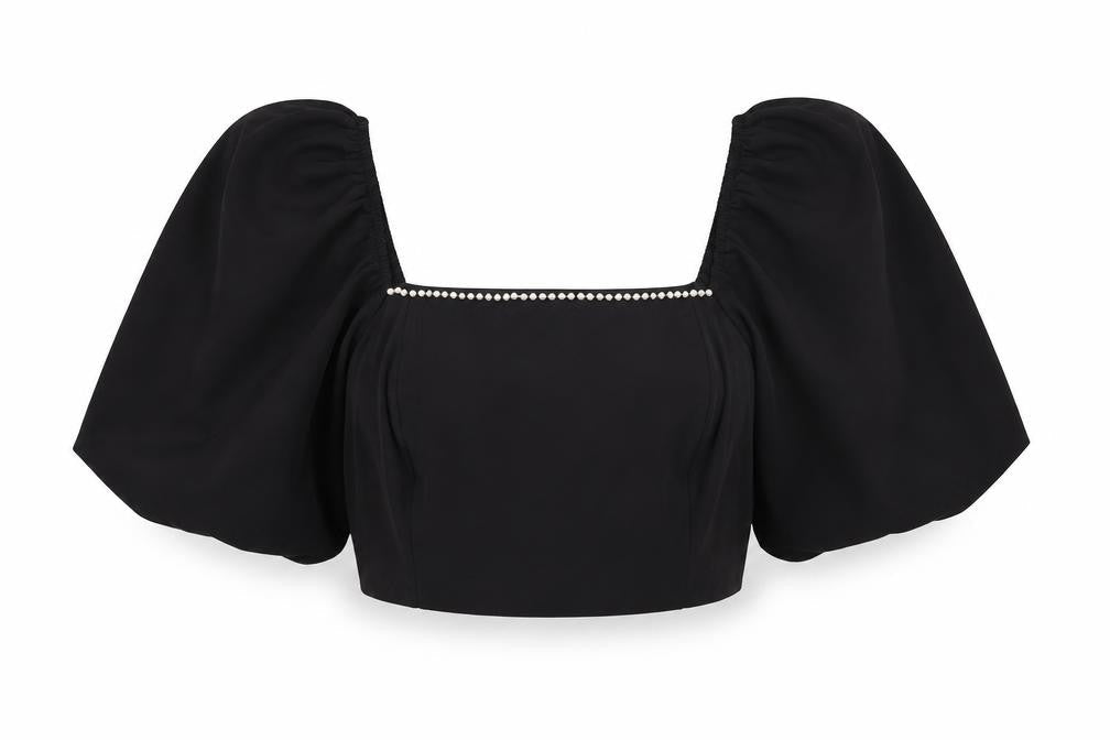 New Look Womens Black Polyester Basic Blouse Size 12 Square Neck - Pearl Trim