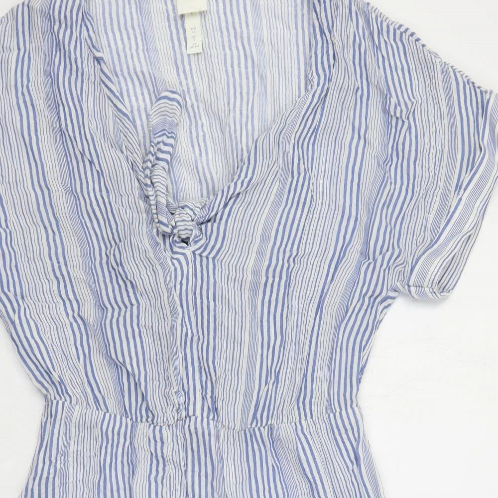 H&M Womens Blue Striped Cotton Mini Size 8 V-Neck