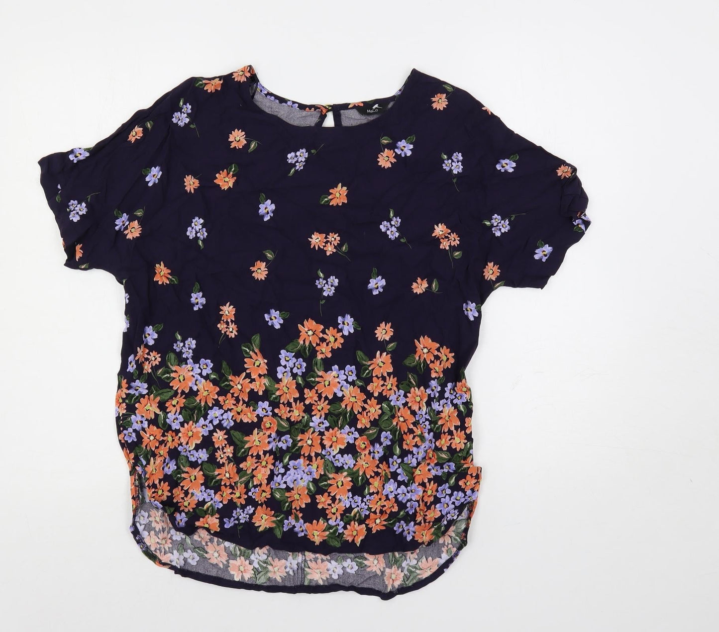 M&Co Womens Blue Floral Viscose Basic Blouse Size 10 Round Neck