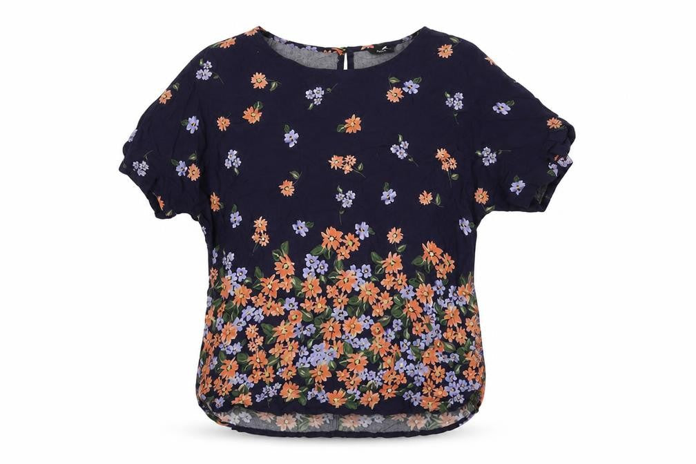 M&Co Womens Blue Floral Viscose Basic Blouse Size 10 Round Neck