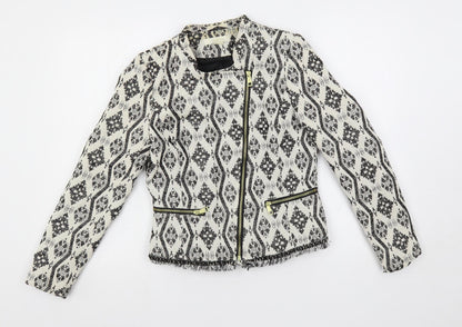 H&M Womens White Geometric Jacket Blazer Size 8 Zip