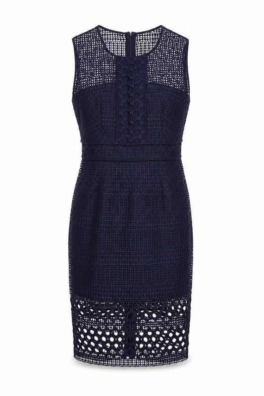 Marks & Spencer Womens Blue Polyester Pencil Dress Size 12 Round Neck Zip - Crochet Overlay