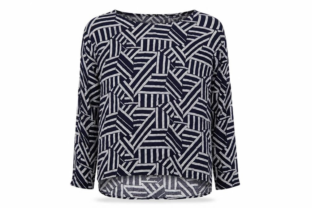 United Colors of Benetton Womens Blue Geometric Viscose Basic Blouse Size S Boat Neck