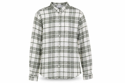 Front view of ASOS women’s white plaid cotton basic button-up, size XL, collared