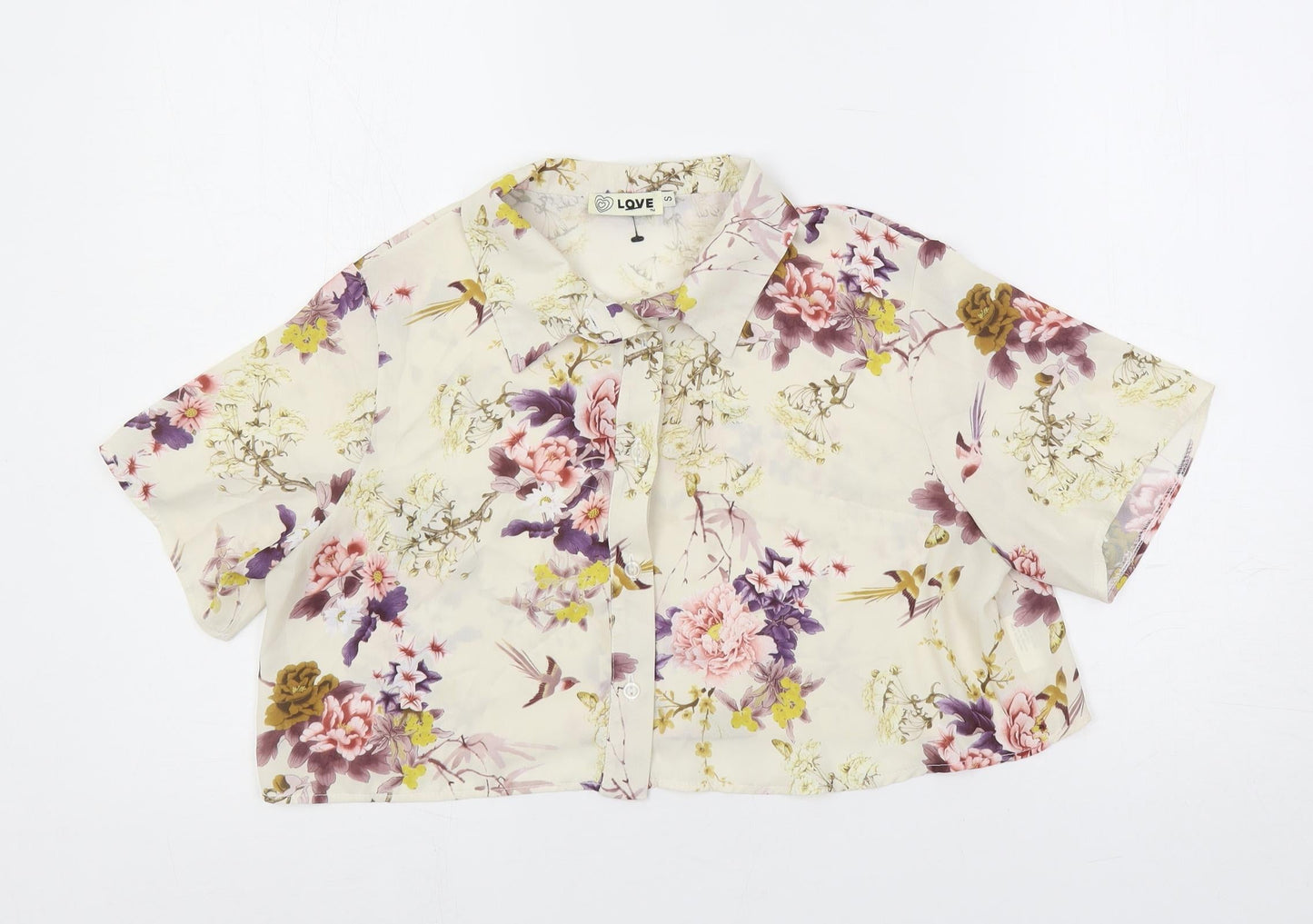 Love Womens Multicoloured Floral Polyester Cropped Button-Up Size S Collared