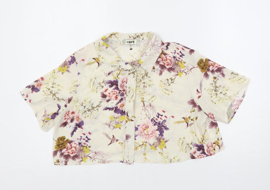 Love Womens Multicoloured Floral Polyester Cropped Button-Up Size S Collared
