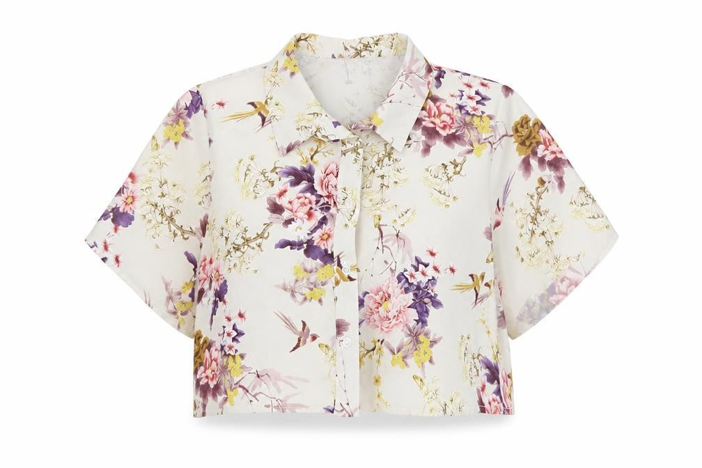 Love Womens Multicoloured Floral Polyester Cropped Button-Up Size S Collared