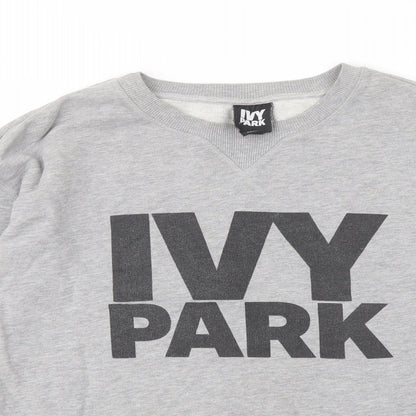 Close-up detail of IVY PARK women’s grey cotton pullover sweatshirt, size S, pullover