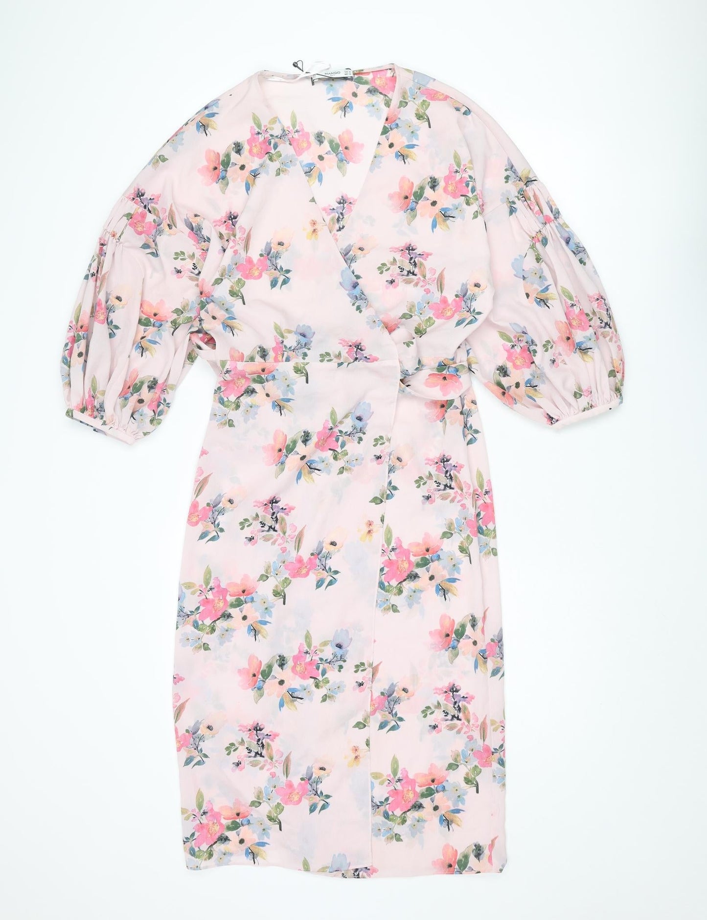 Mango Womens Pink Floral Polyester Wrap Dress Size M V-Neck Tie