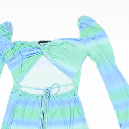 Close-up detail of I SAW IT FIRST women’s multicoloured polyester mini, size UK 14, sweetheart pullover - ombre cut out