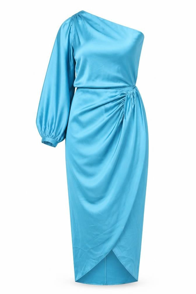 Zara Womens Blue Polyester Maxi Size M One Shoulder Zip - Batwing Sleeve Cut Out