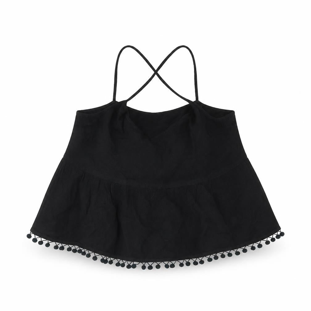 Topshop Womens Black Viscose Cropped Blouse Size 8 V-Neck - Pom Pom Trim