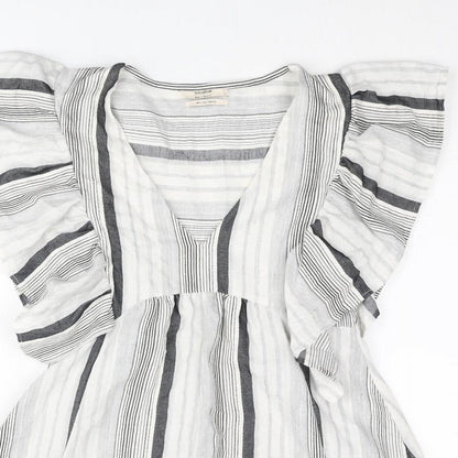 Pull&Bear Womens Grey Striped Polyester A-Line Size S V-Neck Pullover - Frill