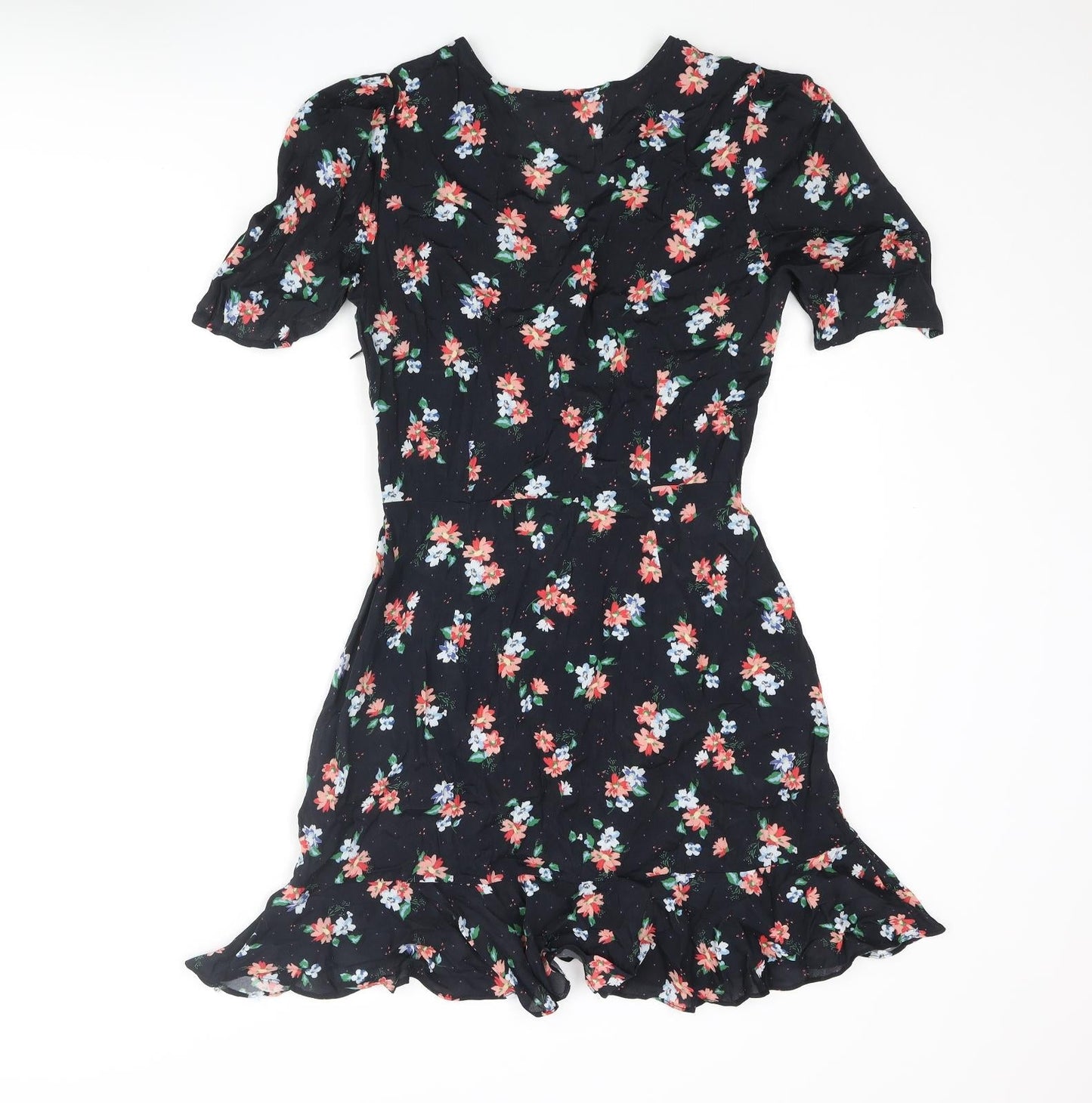 Zara Womens Blue Floral Polyester Wrap Dress Size M V-Neck Zip - Button Frill