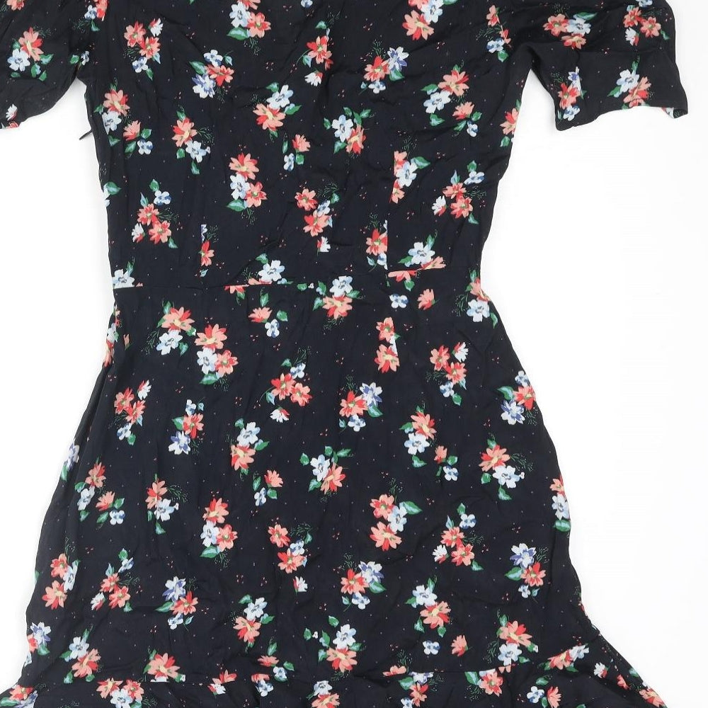 Zara Womens Blue Floral Polyester Wrap Dress Size M V-Neck Zip - Button Frill