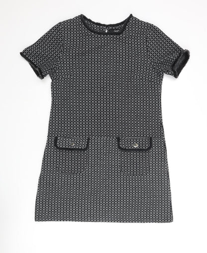 Additional front view of Miss Selfridge women’s black geometric polyester shift, size UK 12, round neck button
