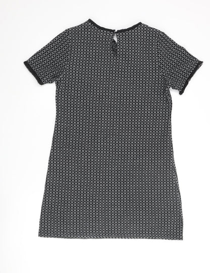 Back view of Miss Selfridge women’s black geometric polyester shift, size UK 12, round neck button