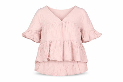 Front view of ASOS women’s pink polyester basic blouse, size UK 6, v-neck - smocked