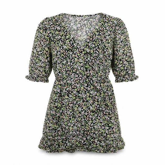Front view of Miss Selfridge women’s multicoloured floral viscose mini, size UK 8, v-neck pullover - frill